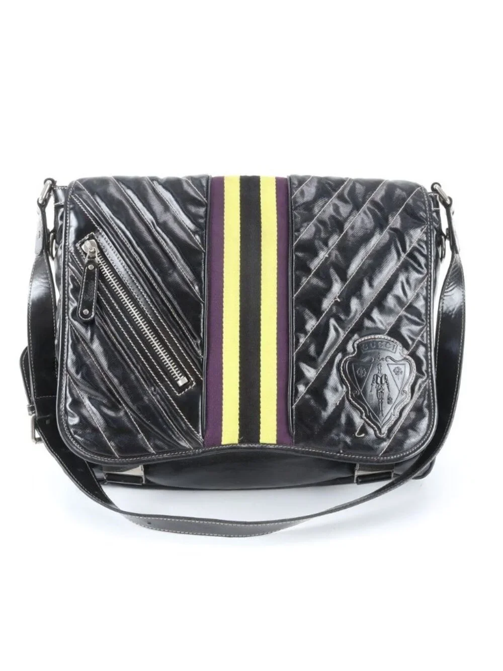 Gucci Crest Emblem Quilted Shoulder Bag Crossbody Messenger Business Black